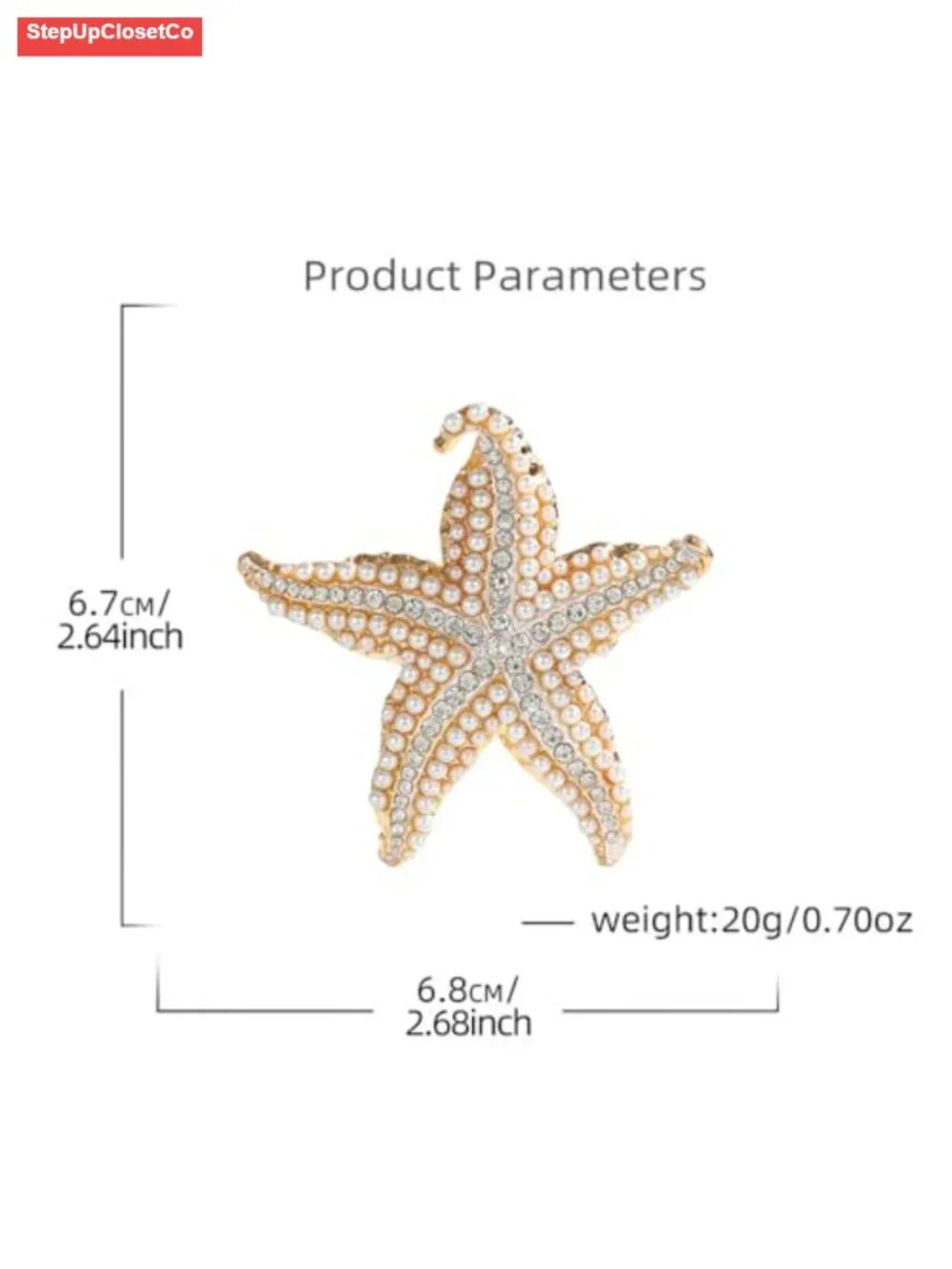 Starfish Rhinestone Pearl Brooch Gold Plated Elegant Crystal Pin